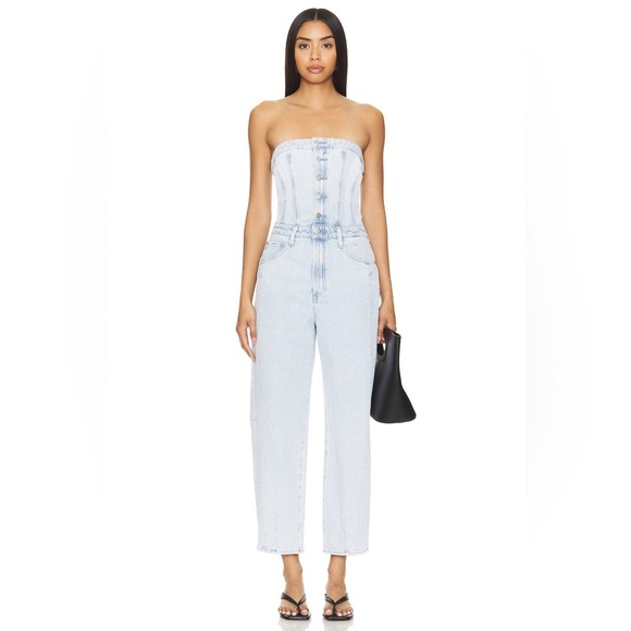 Anthropologie Pistola Daphne Strapless Denim High Rise Barrel Leg Jumpsuit - Picture 3 of 16